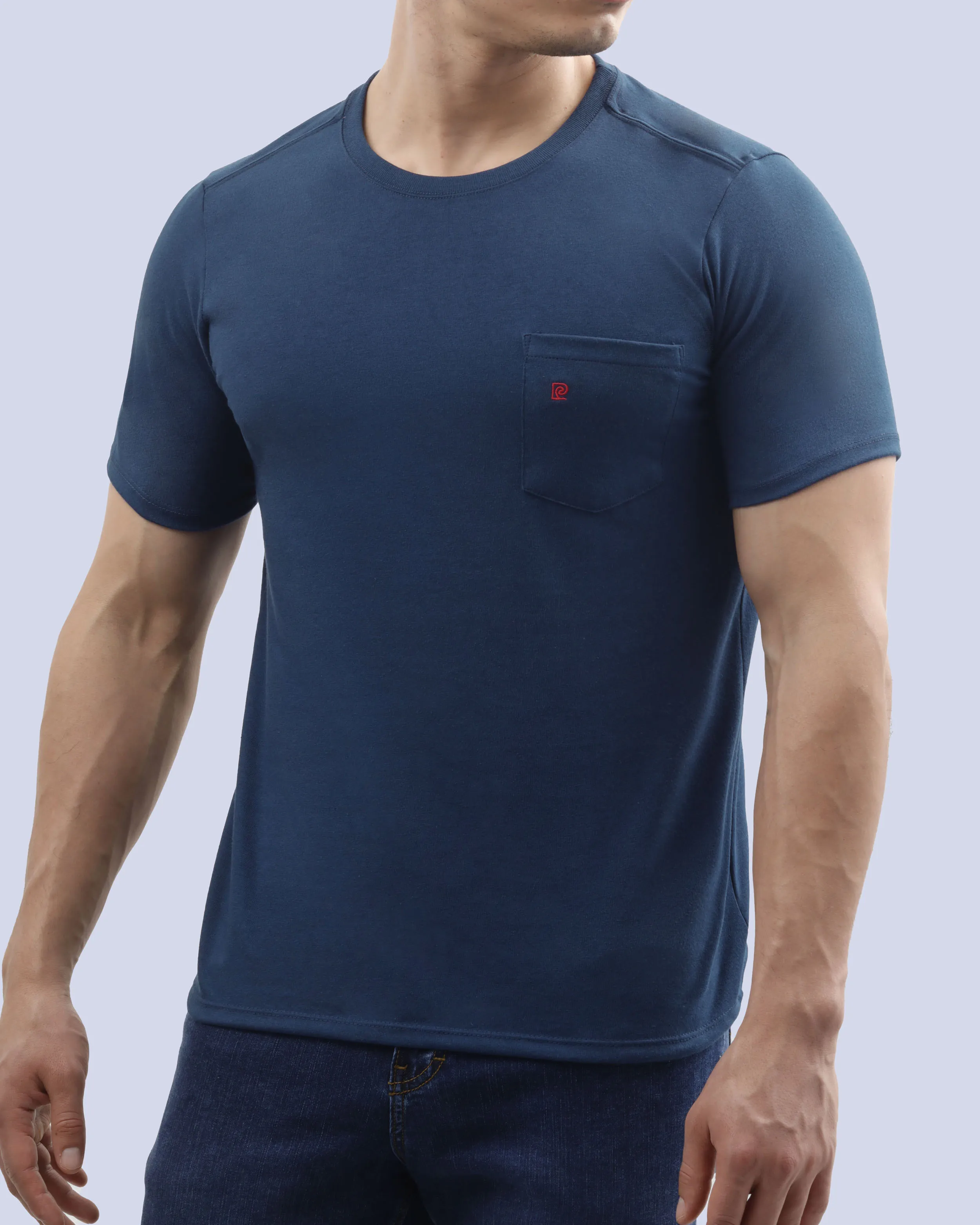 Camiseta cuello redondo lisa con bolsillo manga corta azul