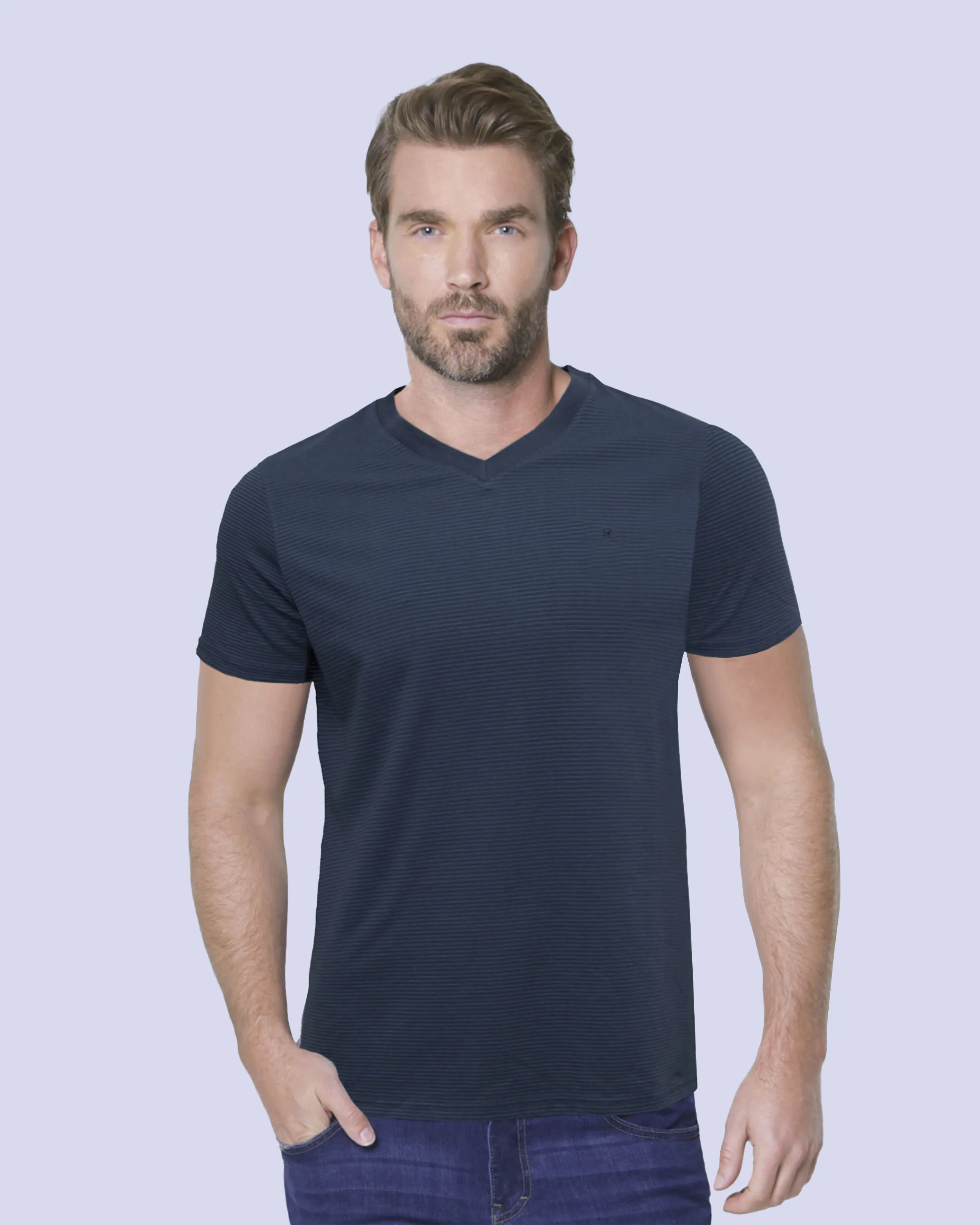 Camiseta cuello v rayada slim fit manga corta azul