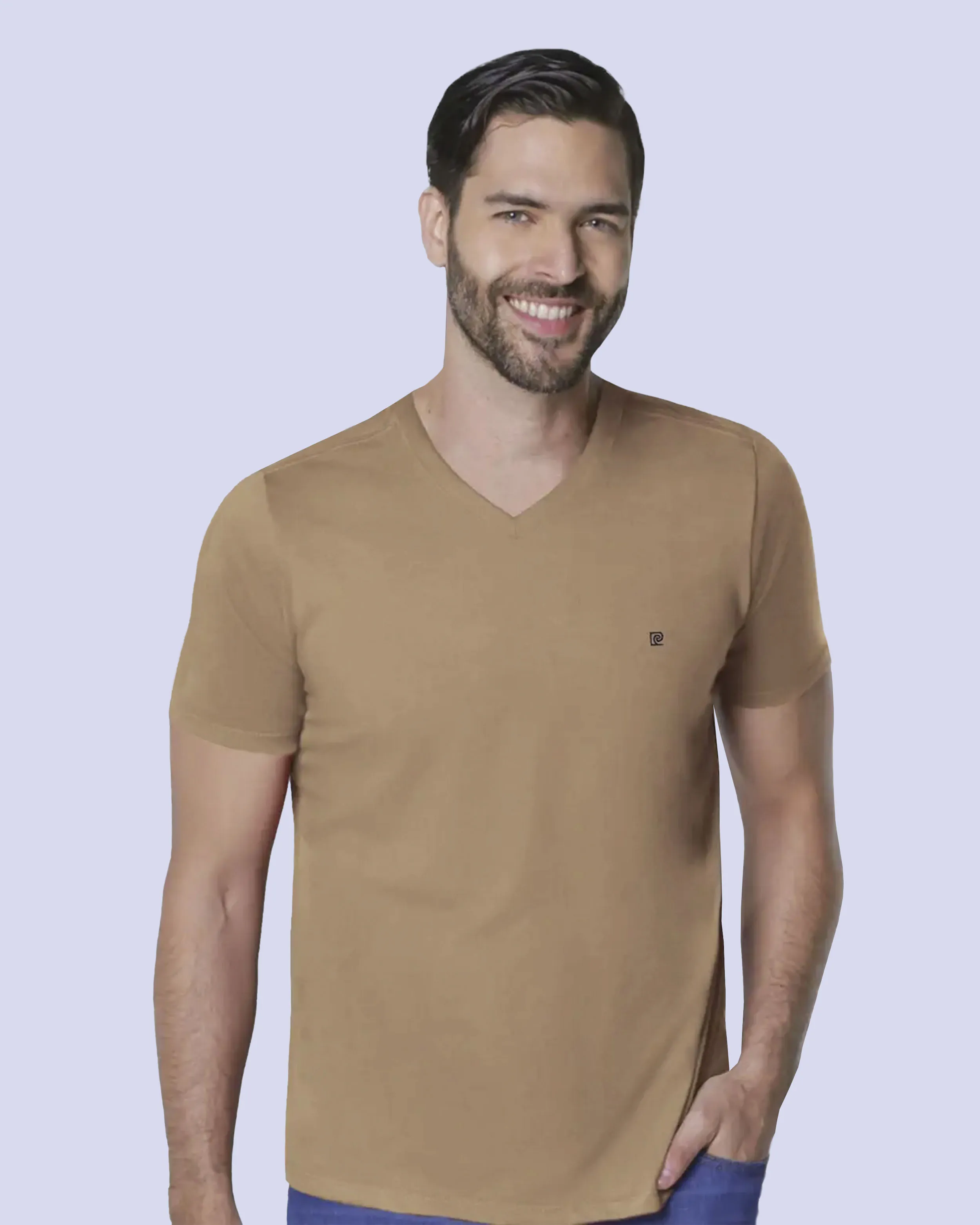 Camiseta cuello v lisa manga corta café claro
