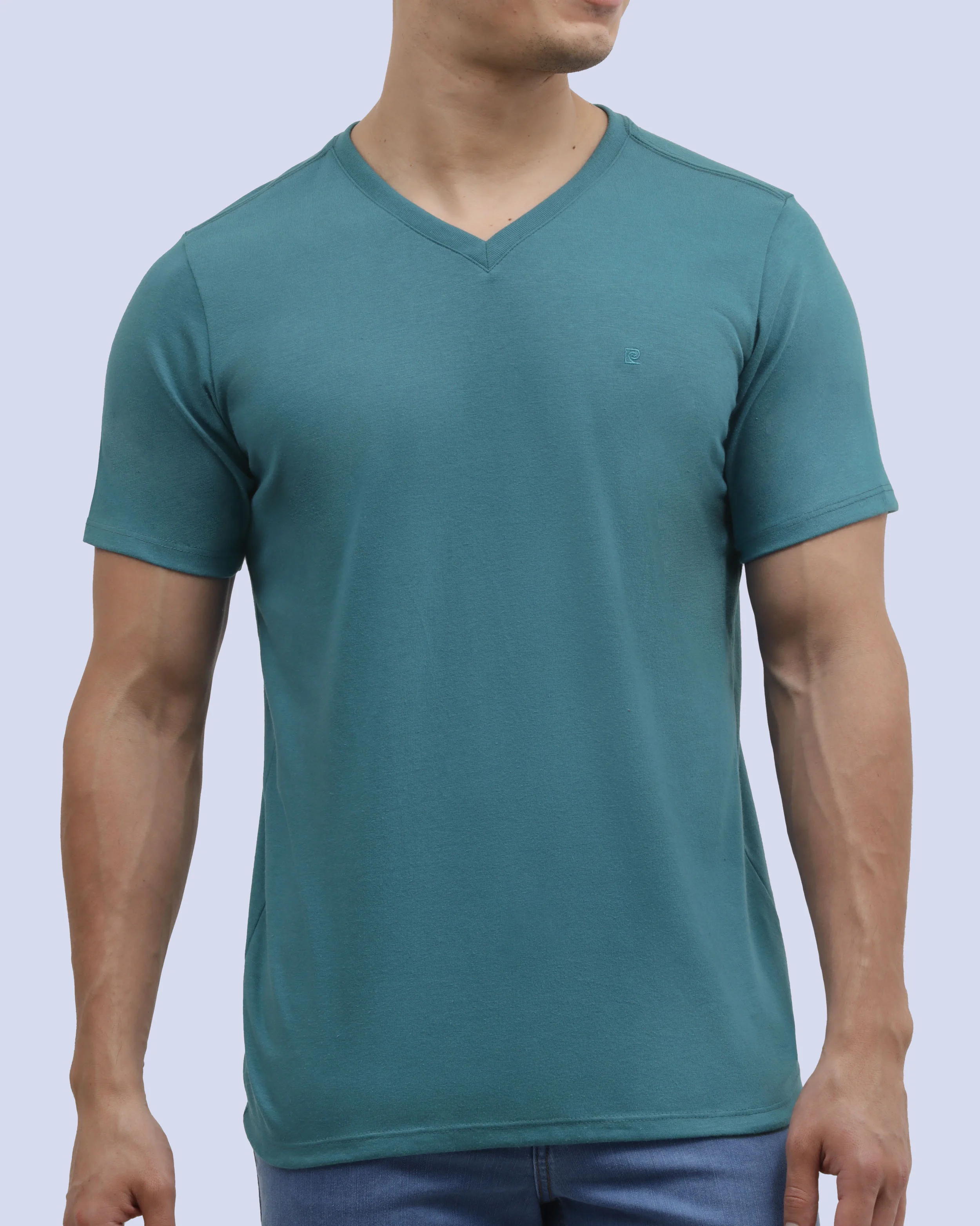 Camiseta cuello v lisa manga corta aqua