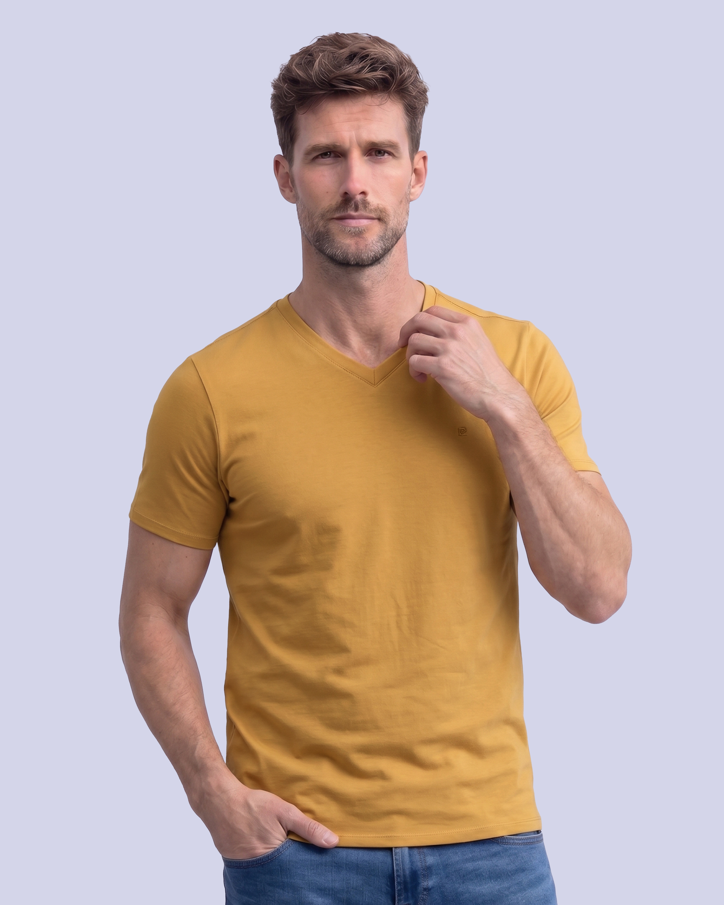 Camiseta cuello v lisa manga corta mostaza