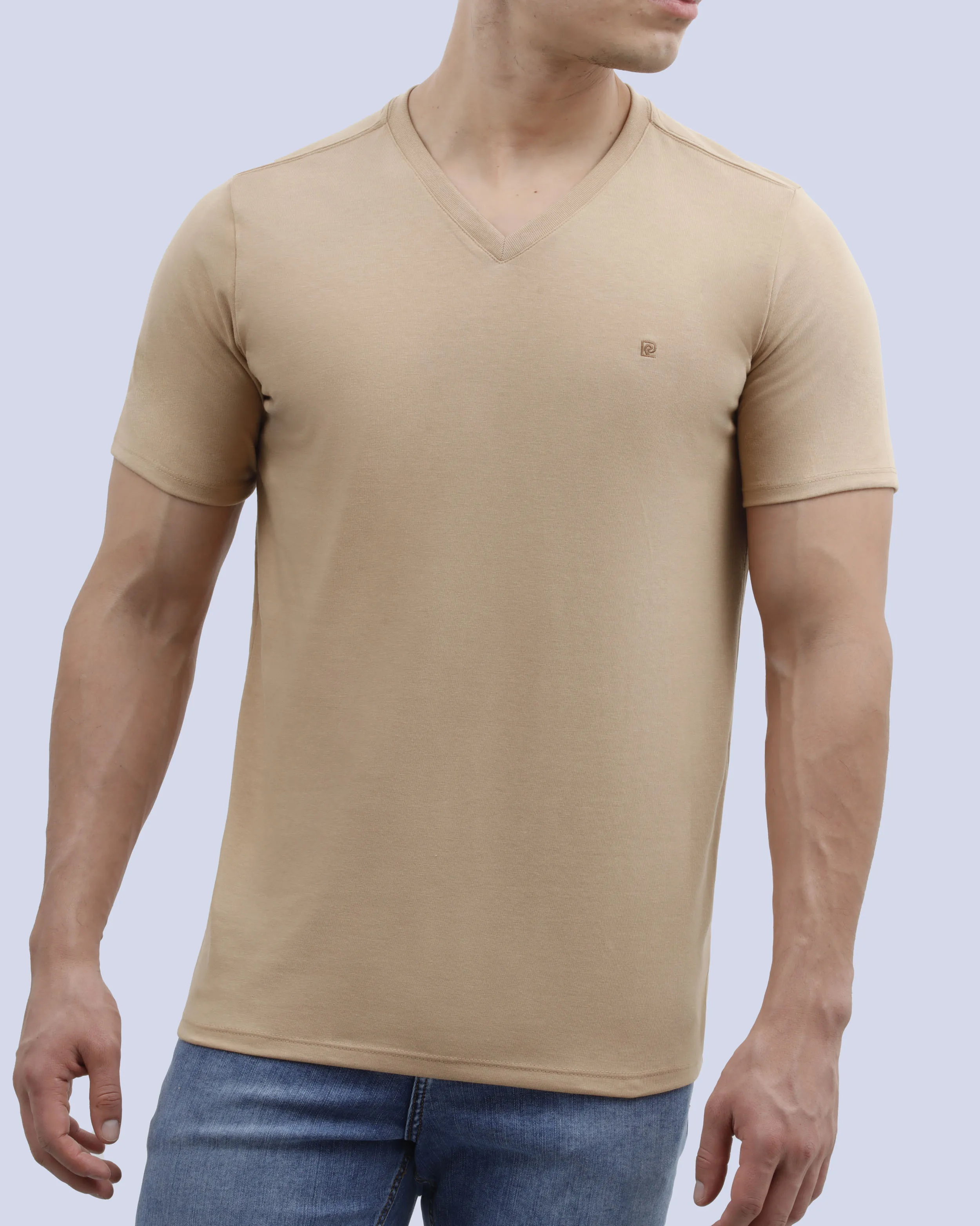 Camiseta cuello v lisa manga corta beige