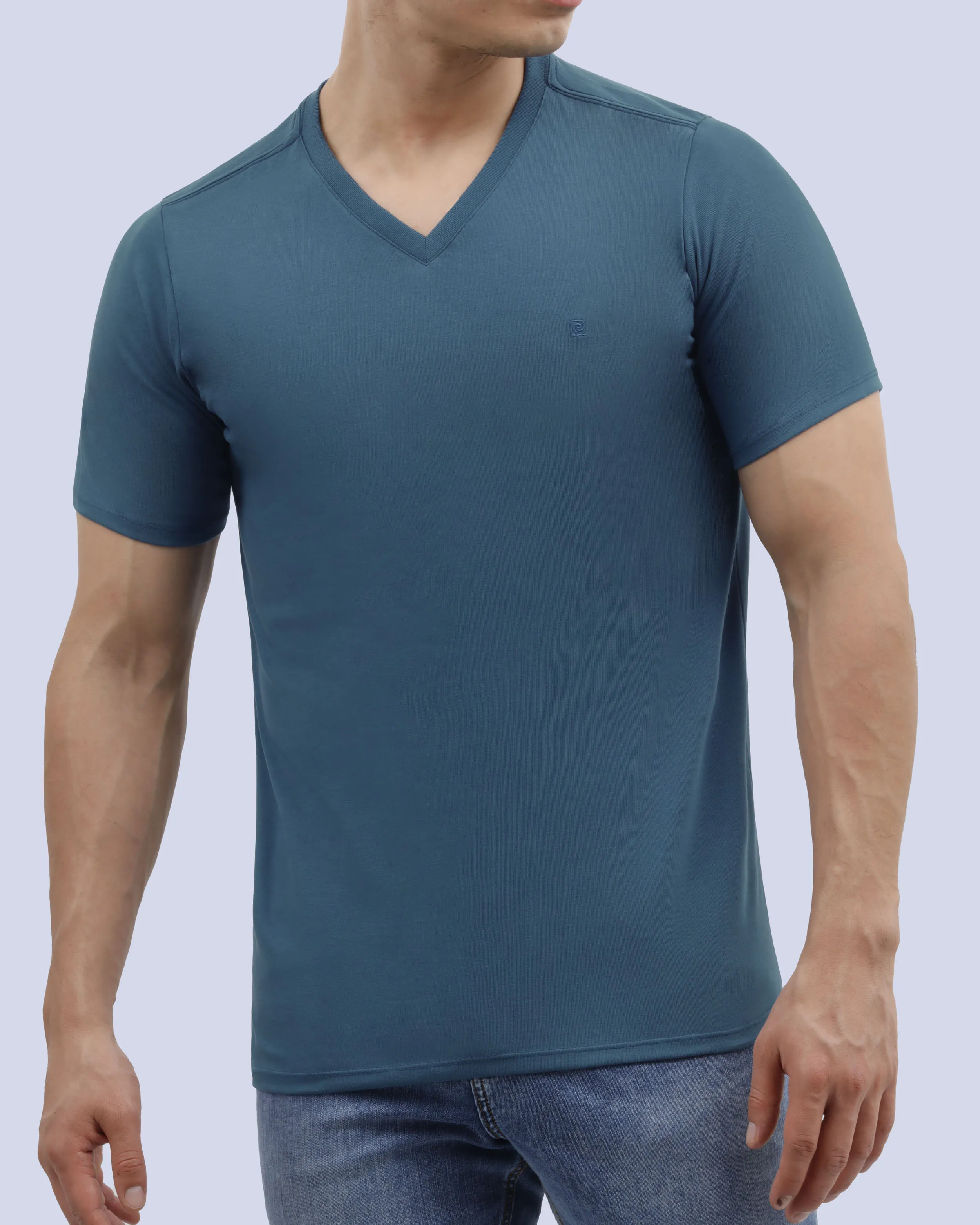 Camiseta cuello v lisa manga corta turquesa