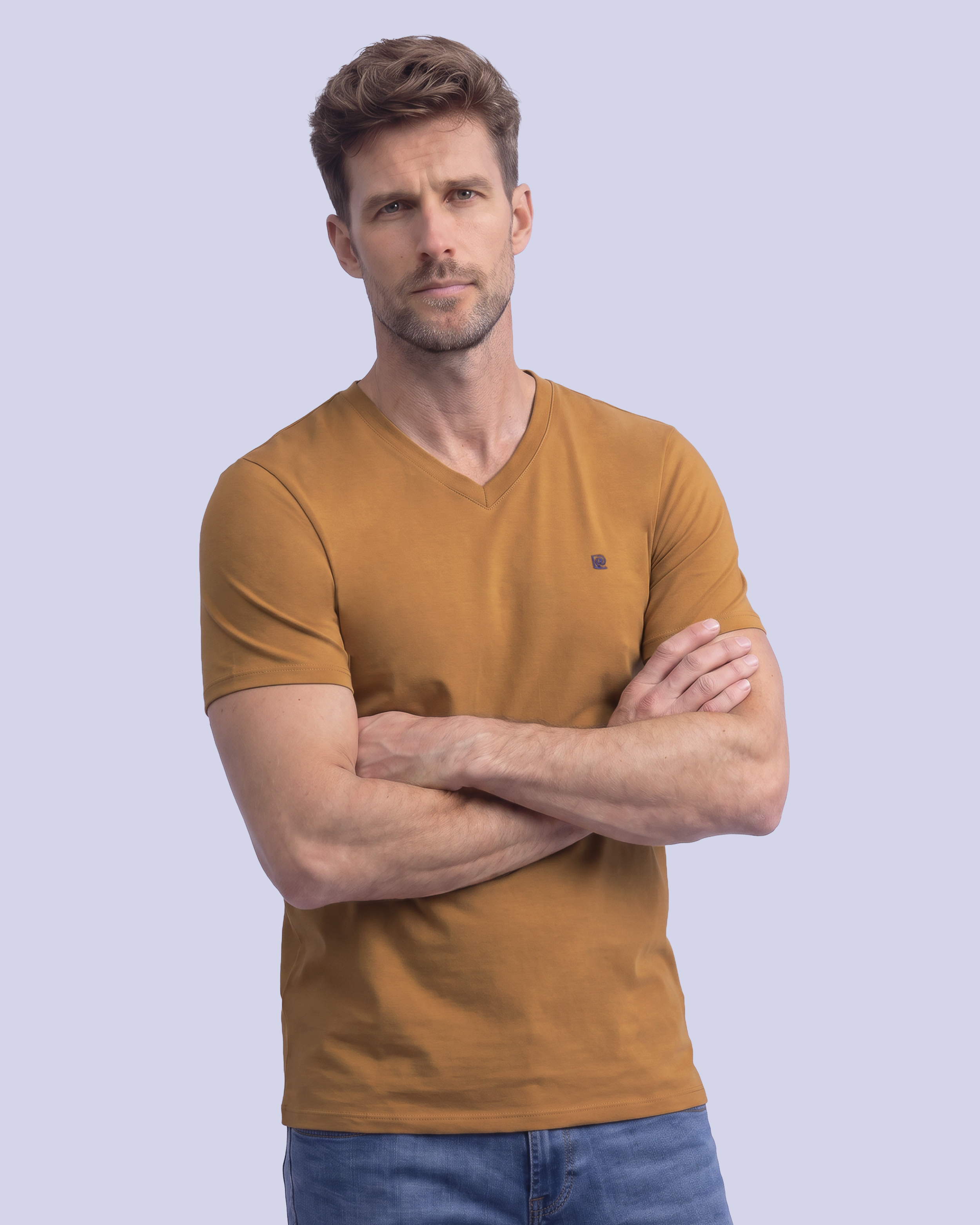 Camiseta cuello v lisa manga corta mostaza