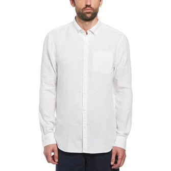 Camisa moda lisa lino manga larga delave en blanco
