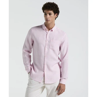 Camisa moda lisa lino manga larga delave en rosado