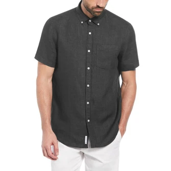 Camisa moda lisa lino manga corta delave en negra