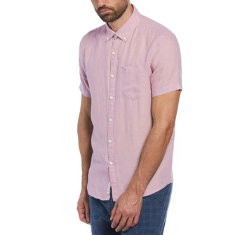 Camisa moda lisa lino manga corta delave rosada