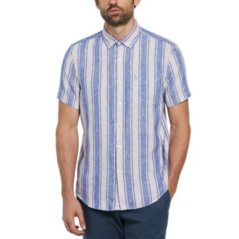 Camisa lino manga corta con estampado de rayas azul