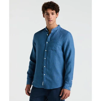 Camisa moda lisa lino manga larga delave en azul