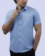 Camisa de vestir textura manga corta slim fit celeste