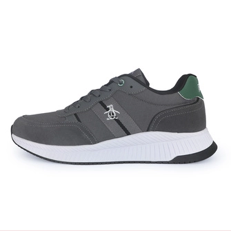 Calzado deportivo gris con detalles blancos