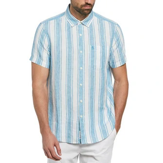 Camisa lino manga corta con estampado de rayas azul