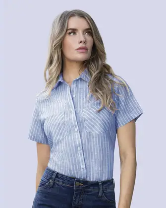 Blusa de vestir rayada slim fit manga corta celeste