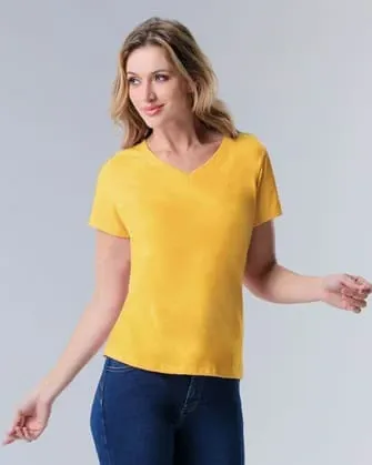Camiseta dama cuello v amarilla
