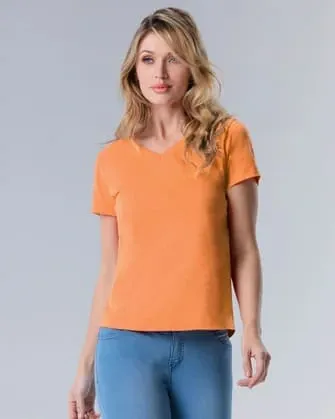 Camiseta dama cuello v anaranjada
