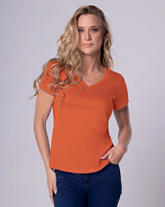 Camiseta lisa cuello v manga corta anaranjada