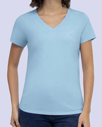 Camiseta lisa cuello v manga corta celeste