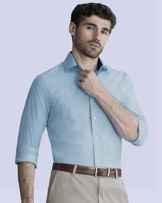 Camisa de vestir stretch textura celeste manga larga