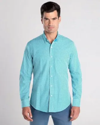 Camisa vestir de cuadros slim fit manga larga color aqua