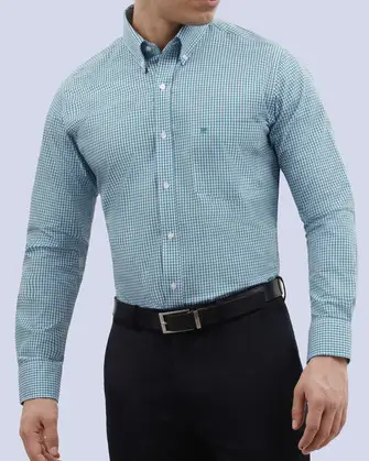 Camisa vestir cuadro slim fit manga larga turquesa