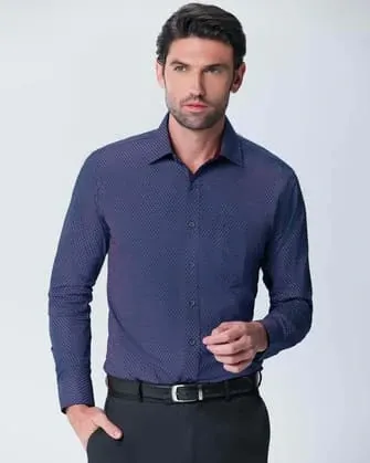 Camisa estampada de vestir slim fit manga larga   azul
