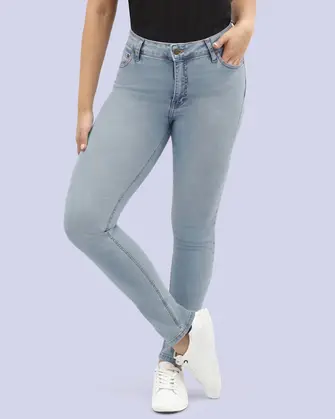 Jeans levanta pompa tiro alto con un botón estilo recto 461 celeste