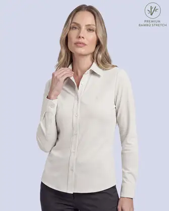 Blusa de vestir slim fit beige piqué premium bambú stretch