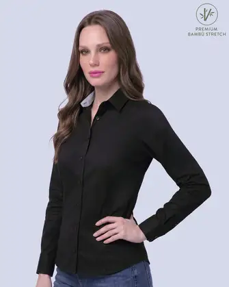 Blusa de vestir slim fit negra piqué premium bambú stretch