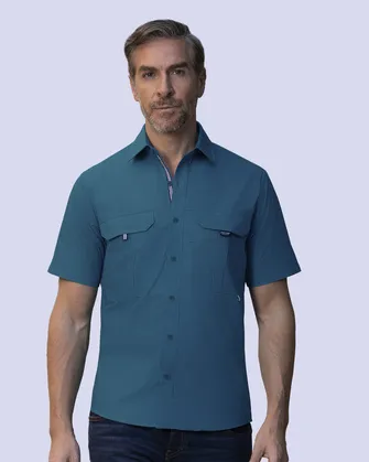 Camisa casual performance turquesa manga corta slim fit