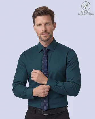 Camisa de vestir slim fit turquesa total comfort premium bambú stretch