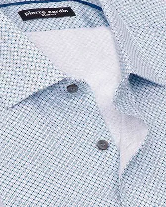 Camisa estampada pique slim fit manga larga blanco con azul
