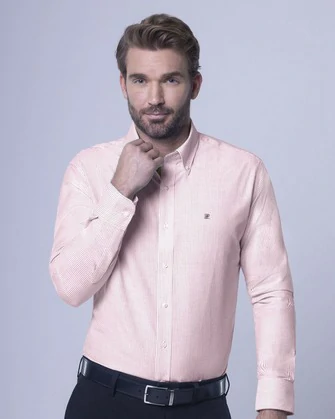 Camisa oxford rayada manga larga slim fit rosada