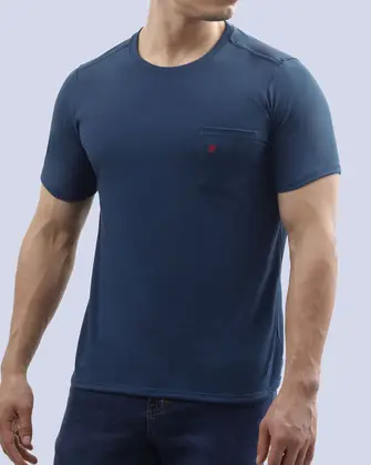 Camiseta cuello redondo lisa con bolsillo manga corta azul
