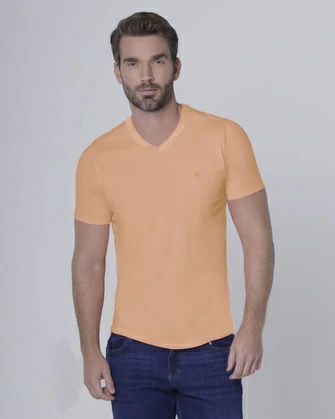 Camiseta cuello v lisa manga corta anaranjada