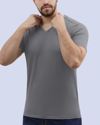 Camiseta Cuello V Lisa Manga Corta gris