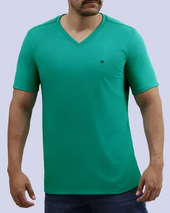 Camiseta cuello v lisa manga corta turquesa