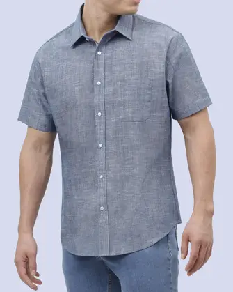 Camisa casual slim fit manga corta  jaspeada azul