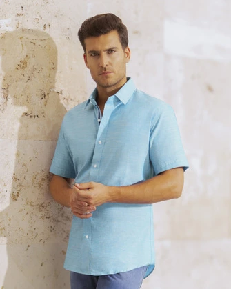 Camisa casual slim fit manga corta  jaspeada aqua